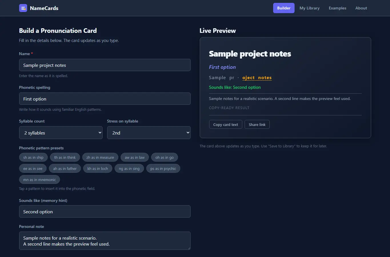 Screenshot of Name Pronunciation Note Builder interface showing the project page in use